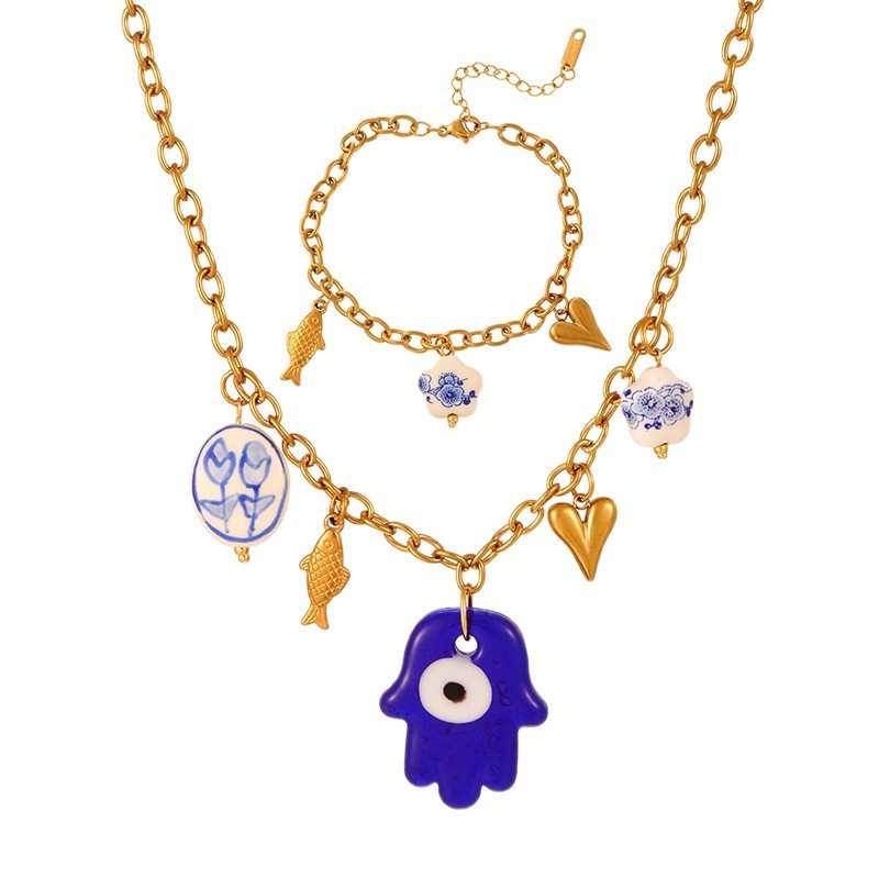 Women's Titanium Steel Vacuum Plating (In Furnace) Palm Eye Heart Flower Necklace Lemon Pendant Jewelry Accessories Light Luxury Fashion