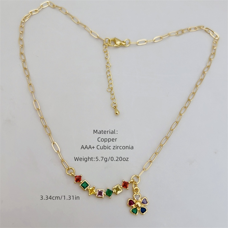 18K Gold Plated Handmade Double Pendant Flower Zircon Necklace Classic Simple Style Daily Wear Gift Copper Pendant Lobster Clasp