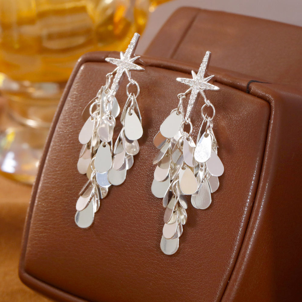 Fashionable Personality High-End Sparkling Star Zircon Octagonal Earrings Luxury Tassel Trendy Women's Jewelry Accessories