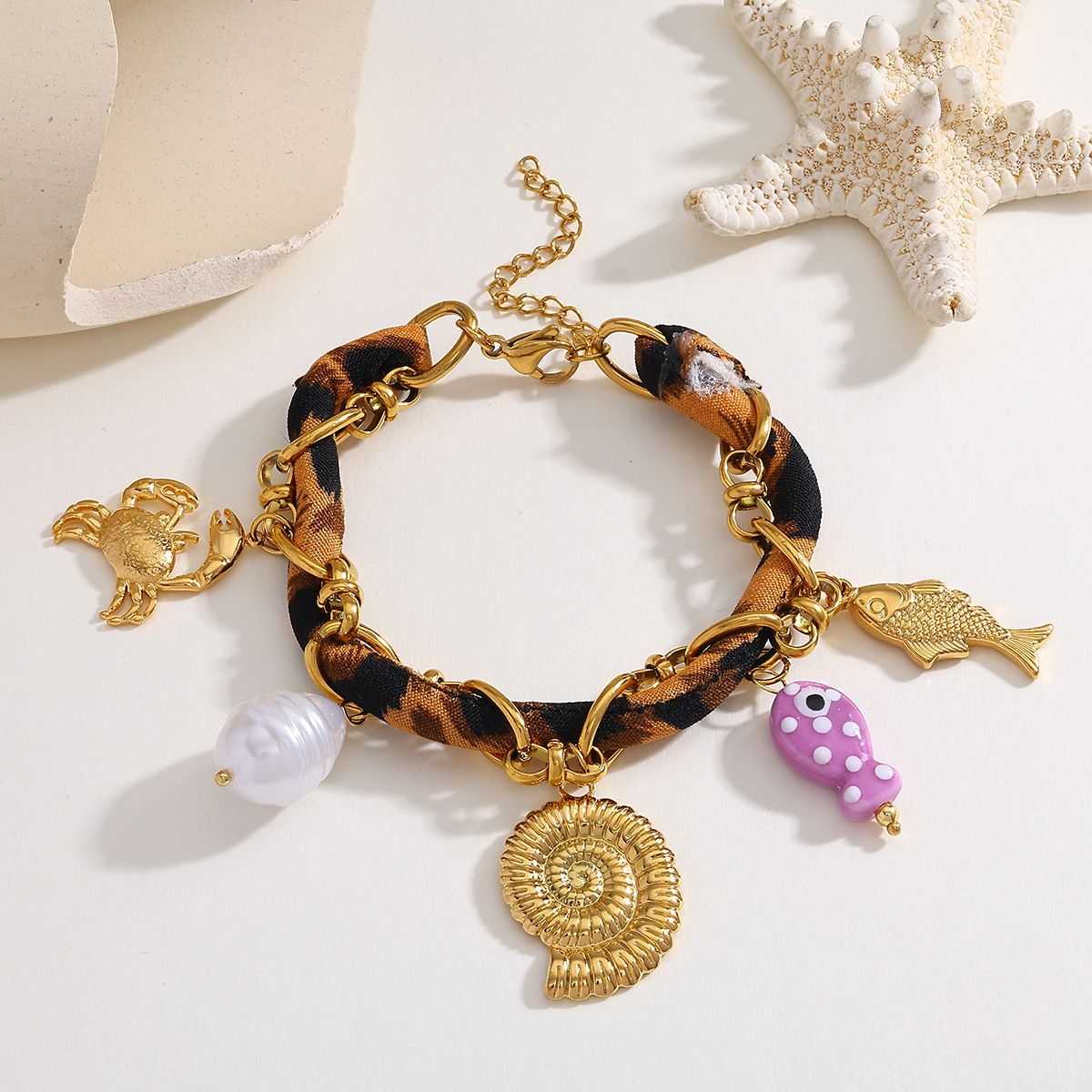 Casual Elegant Classical Starfish Crab Shell 304 Stainless Steel Bandana 18K Gold Plated Silk Scarf Cord Cloth Strip Bracelets In Bulk