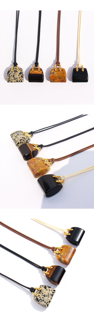 Natural Spotted Tiger Eye Stone Pendant Leather Rope Casual Long Necklace Adjustable Self-tying Sweater Chain Fashionable Ladies Holiday Style Accessories