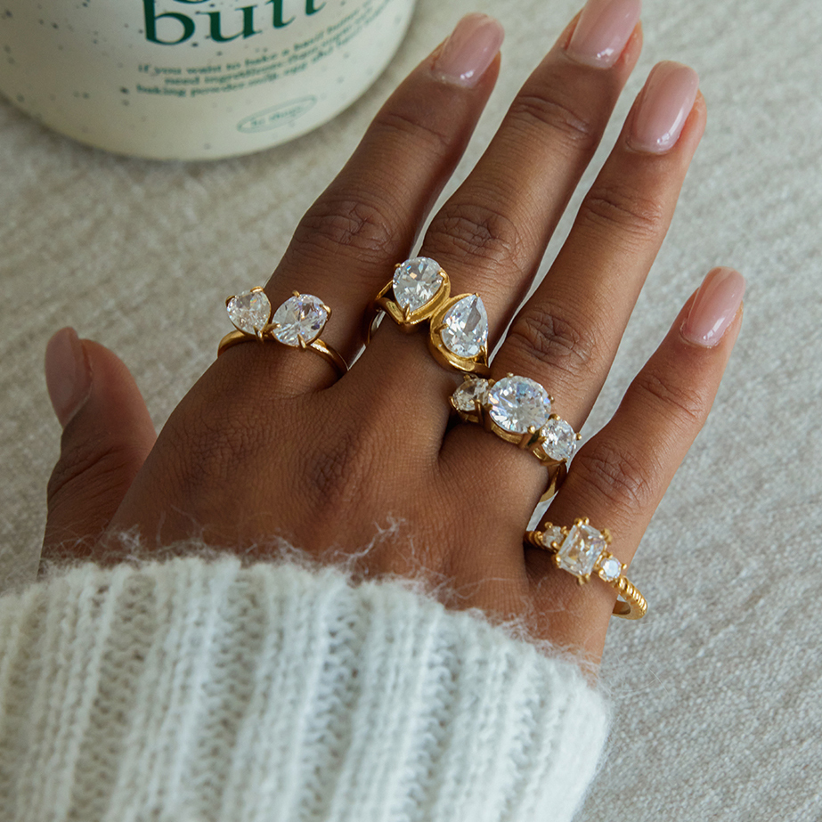 Women's Classic Style 18K Gold Stainless Steel + Zircon White Water Drop Zircon Ring Size 7
