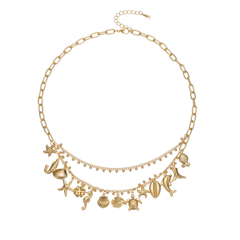 Women Stainless Steel Double Layer Tassel Necklace 18K Gold Starfish Pendant Sweater Chain Jewelry Accessories