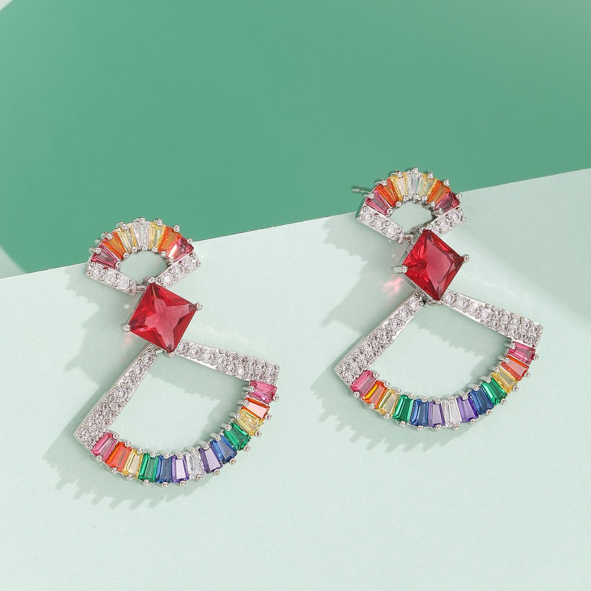 Elegant Long Colorful Zirconium Earrings For Women Geometric Pattern Copper Material Ins Style Star And Fan Shaped Plated Jewelry