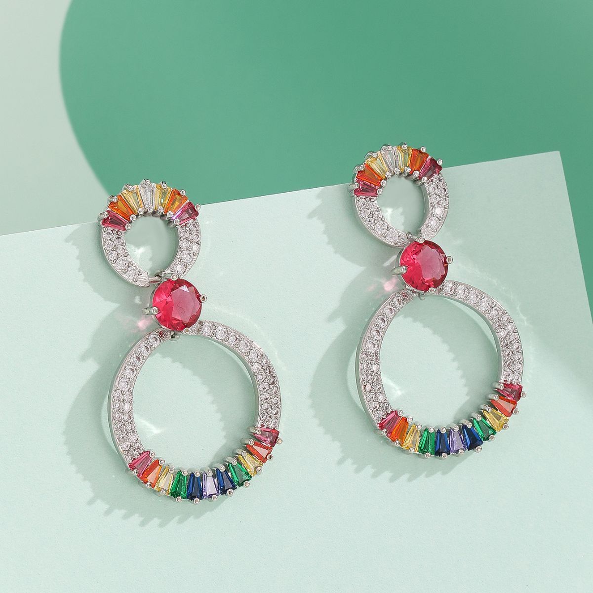 Fashion  Style Earrings Micro Inlaid Colorful Zircon Earrings Super Sparkling Double Hoop Round Personality High-end Temperament Earrings