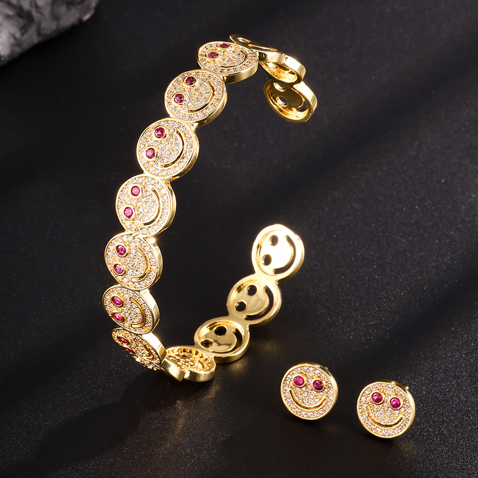 Elegant Smiling Face Micro-Paved Diamond Fashion Open Hand Bracelet Ring Set Versatile Zircon Match All Yellow Copper OL Style