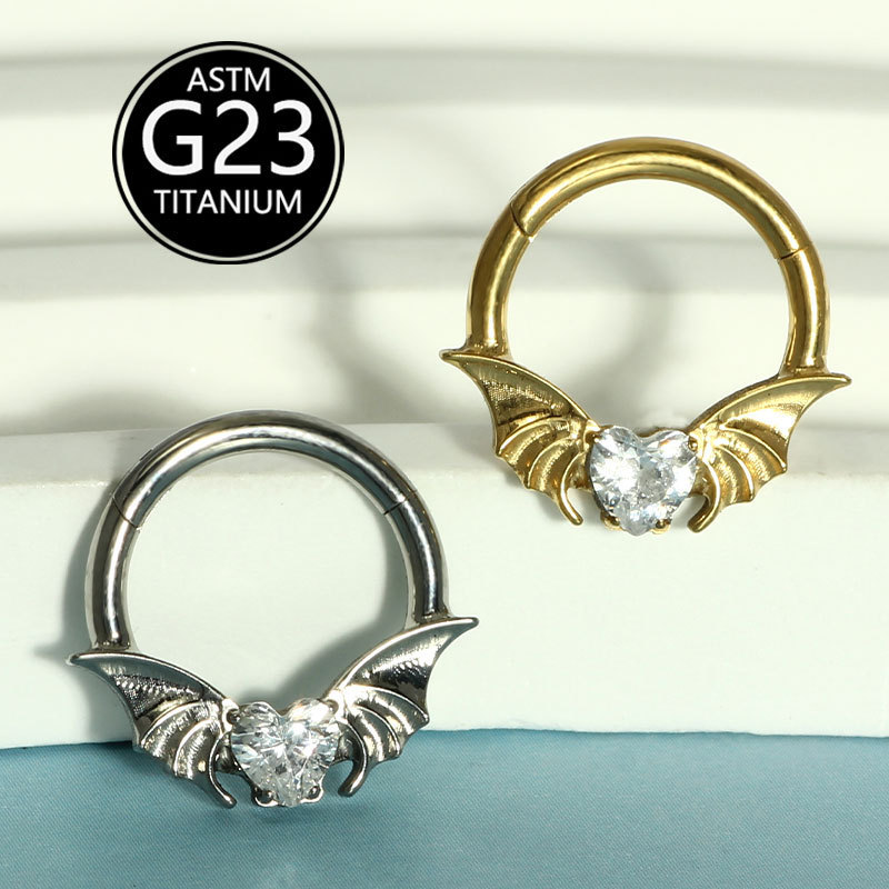 Fashion Bat Nose Ring G23 Titanium Metal Heart-Shaped Zircon Ear Bone Stud Jewelry Nose Clip Exquisite Wedding Birthday Festival Accessories