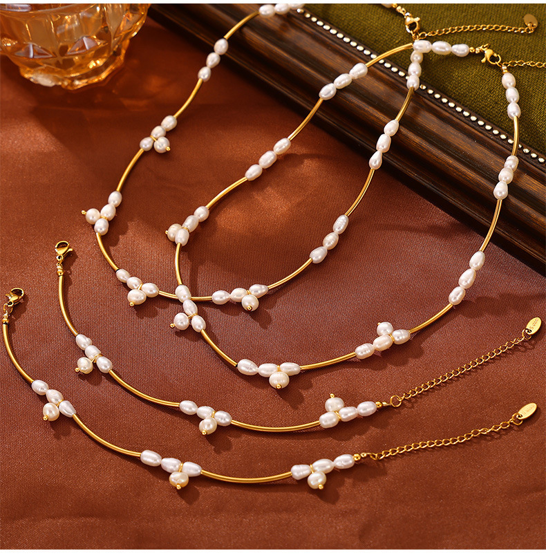 Hepburn Titanium Steel Pearl Bead Geometric Design Jewelry Set Simple Women's Accessories Jewelry
