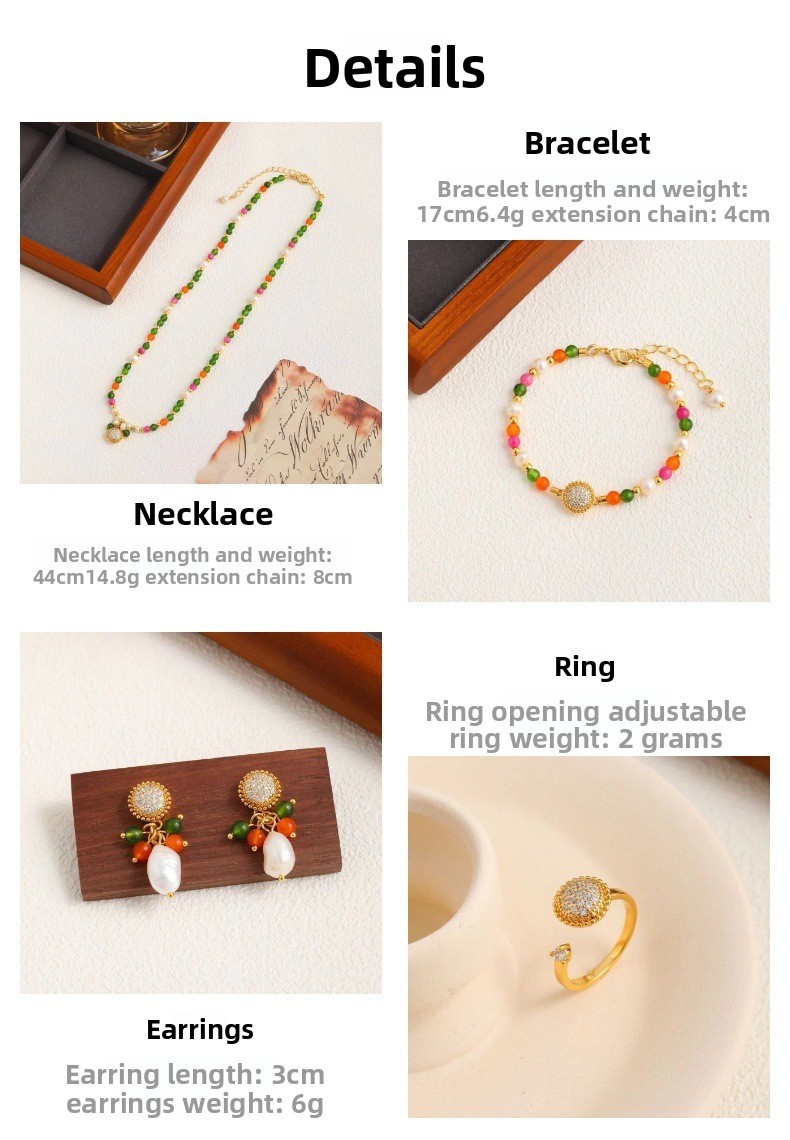 Colorful Natural Stone Beaded Necklace Bracelet Earrings Ring Set Women's Fashion Jewelry Accessories Candy Color Trendy Geometric Pattern