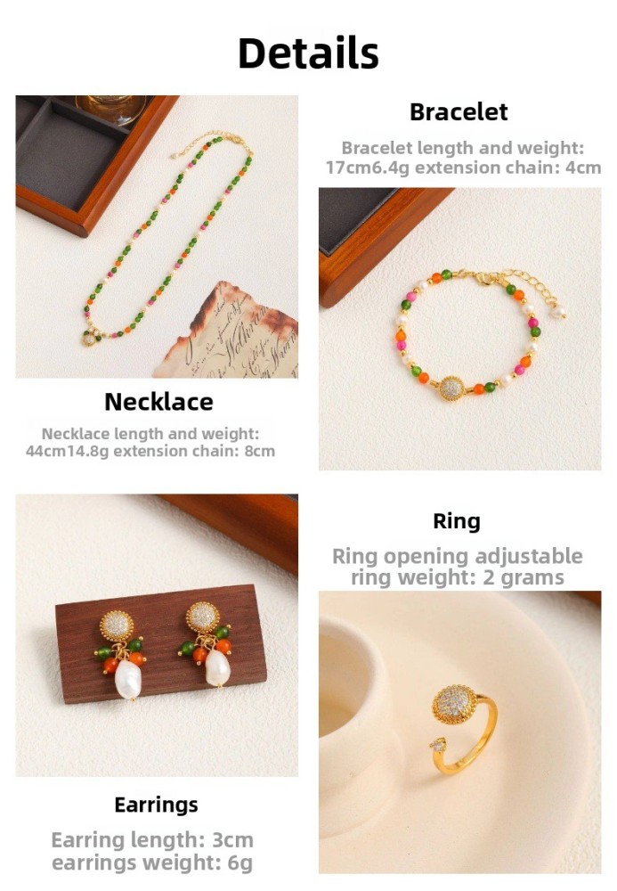 Colorful Natural Stone Beaded Necklace Bracelet Earrings Ring Set Women's Fashion Jewelry Accessories Candy Color Trendy Geometric Pattern