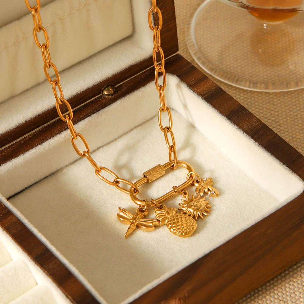 Removable Climbing Buckle Cross Stainless Steel Necklace Coconut Tree Sun DIY Jewelry Accessories Lobster Clasp Zircon Inlay