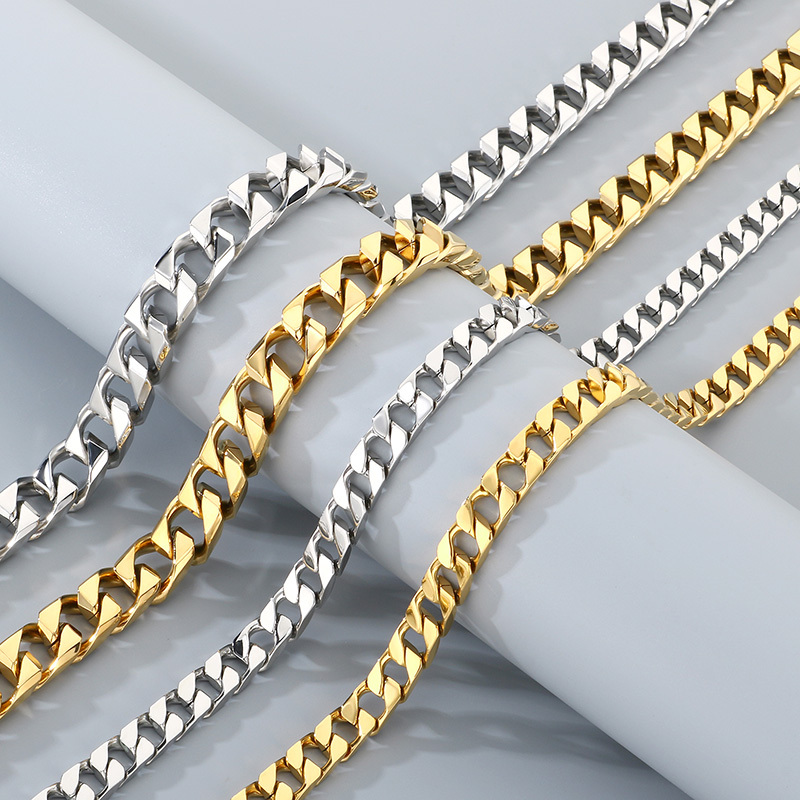 Trendy Titanium Steel Cuban Link Necklace Men's Simple Stainless Steel Jewelry Fashionable Geometric Pattern Vacuum Plated 18K Gold