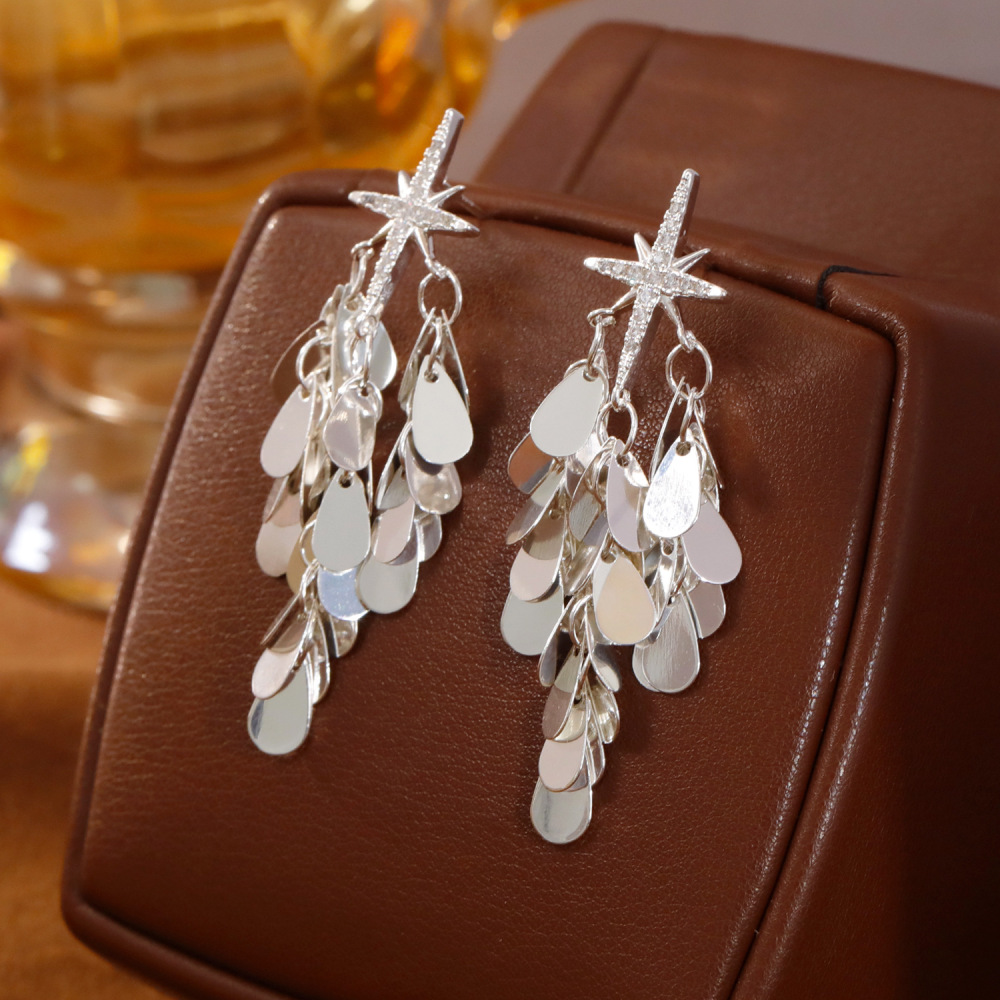 Fashionable Personality High-End Sparkling Star Zircon Octagonal Earrings Luxury Tassel Trendy Women's Jewelry Accessories