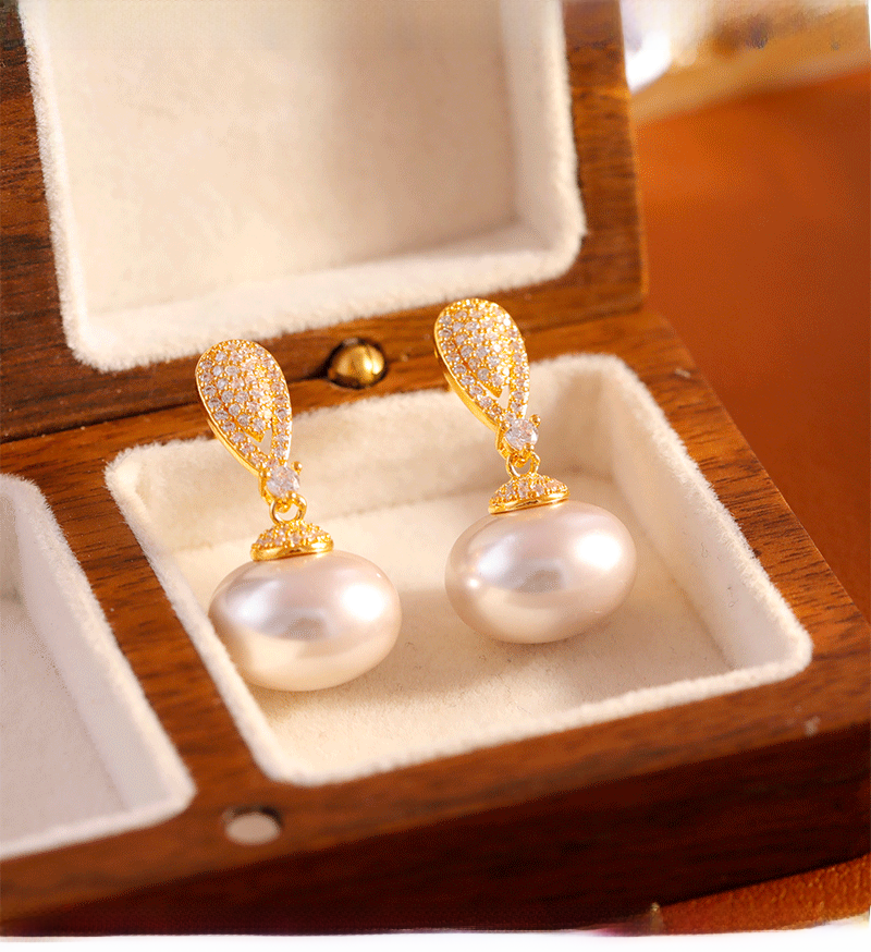 French Luxurious Sparkling Diamond Embedded Pearl Earrings Fashionable High-End Elegant Trendy Jewelry Accessories For Women