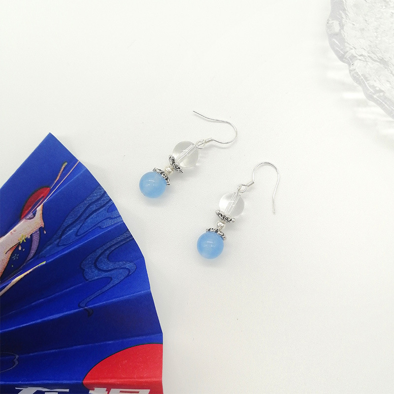 S925 Silver Blue Waterdrop Crystal Earrings Women's Hanfu Accessories Traditional Chinese Style Sweet Geometric Pattern Jewelry