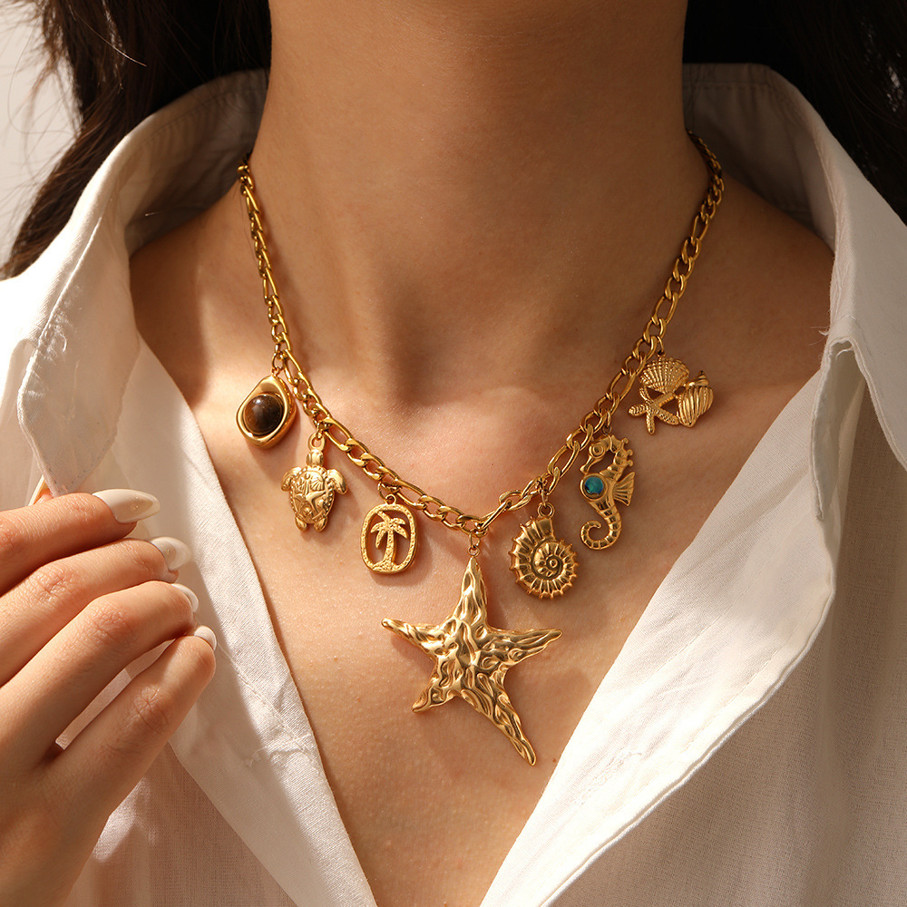 Heavy Metal Gold Plated Starfish Pendant Stainless Steel Marine Life Accessories Necklace