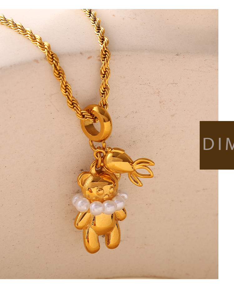 New Fashion Light Luxury Bear Pearl DIY Pendant Necklace Stainless Steel 18K Gold Plated Versatile Necklace