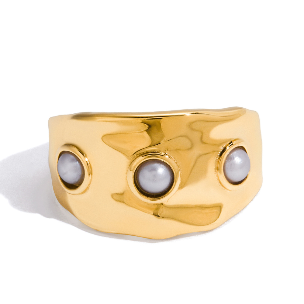 Elegant Ladies Ring With Glass Pearl Stainless Steel 18K Gold Plated Geometric Pattern Vacuum Electroplating Jewelry Accessory