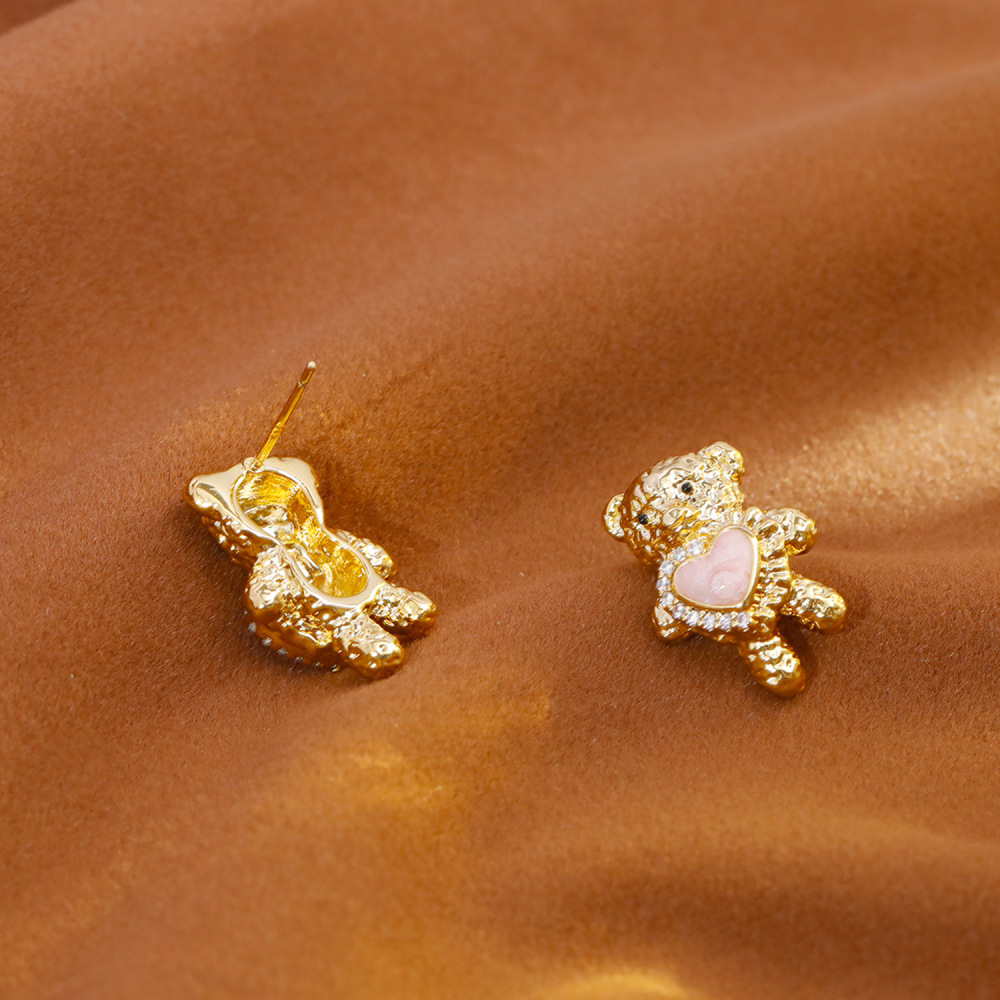 Delicate Bear Design Earrings With Zircon Heart Commuter Sweet Cute Style New Arrival Fashionable Women's Jewelry Accessories