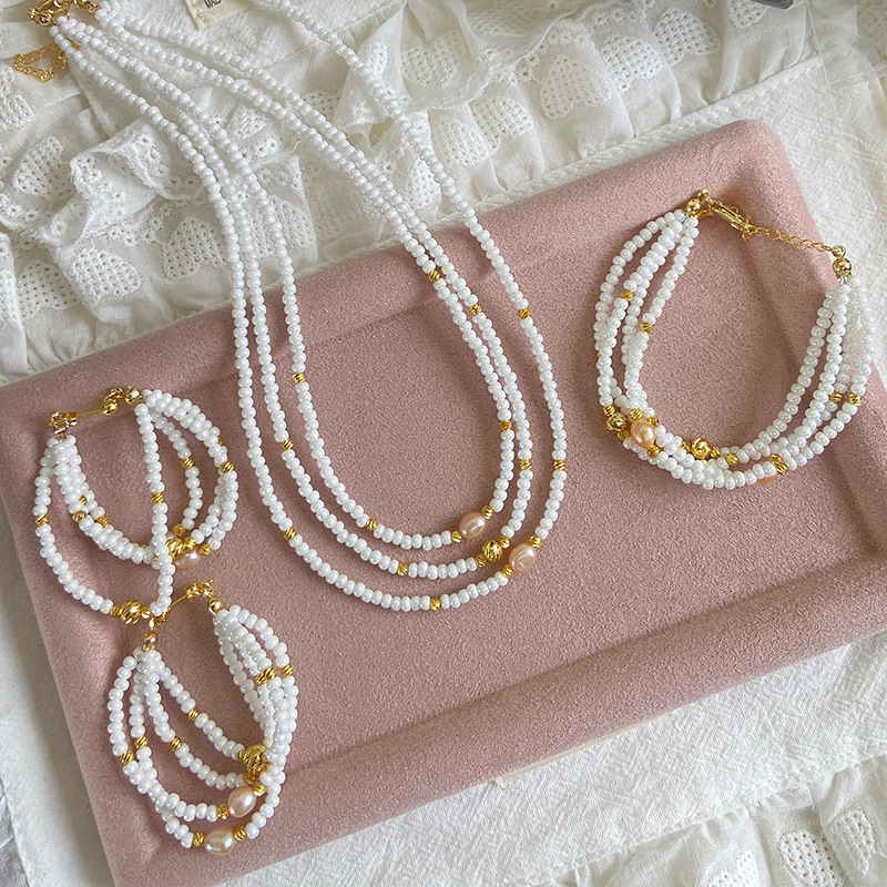 Natural Pink Freshwater Pearl Beaded Necklace Bracelet Earring Set Women's French Braided Accessories Geometric Pattern Irregular Design Electroplated Copper