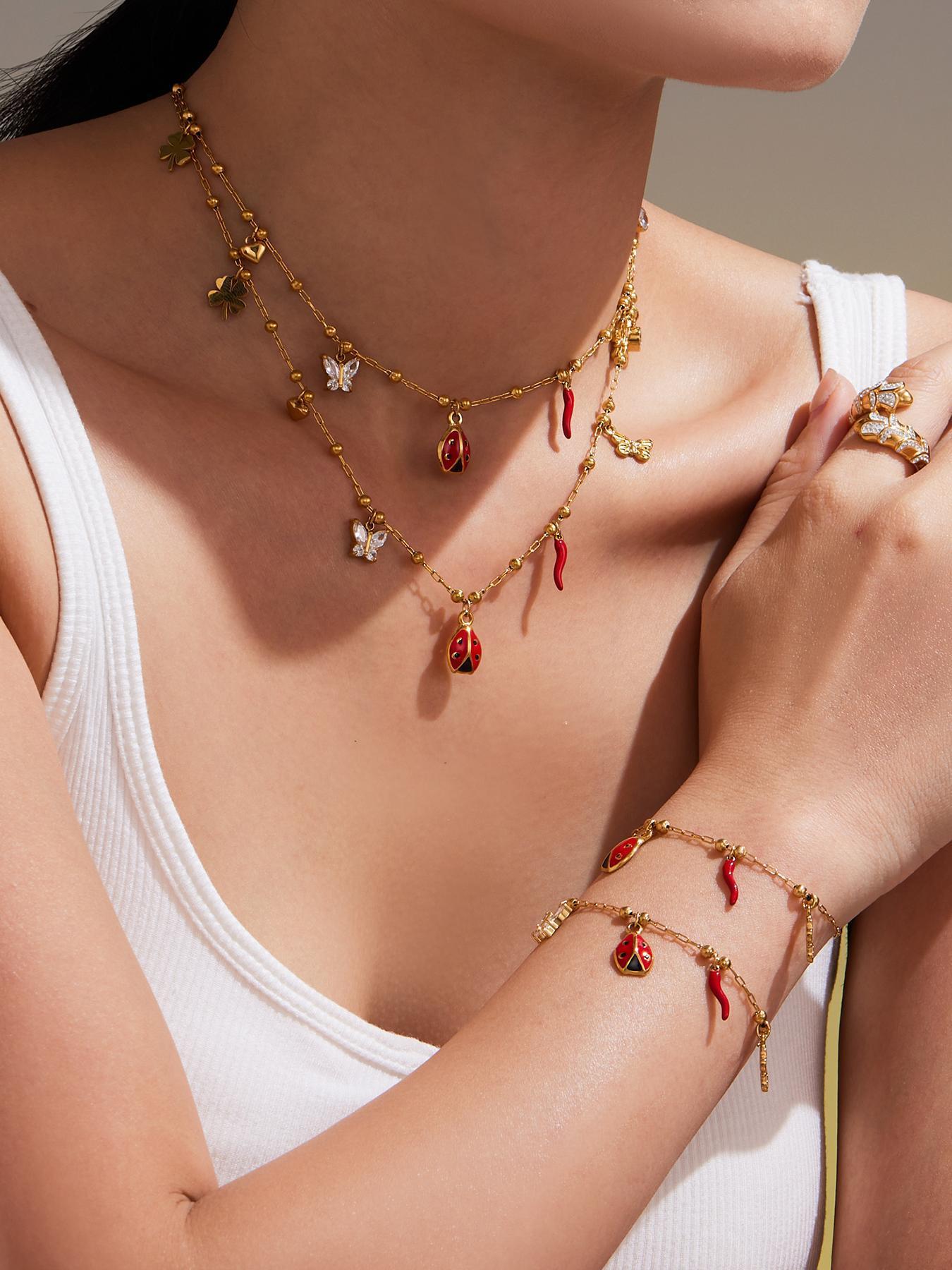 Elegant Enamel Insect DIY Necklace Bracelet Set Stainless Steel Fashion Simple Style Titanium Steel Chain Suitable For Women