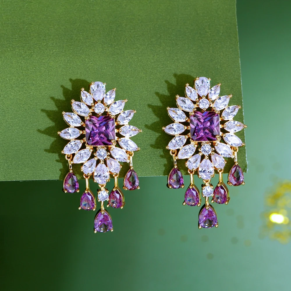 Quality Charming Purple CZ Crystal Big Flower Long Drop Tassel Earrings For Women Fashion Dancing Party Jewelry