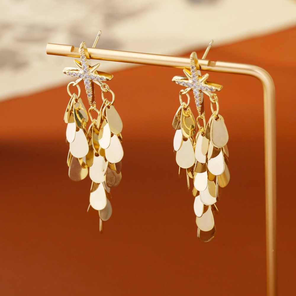 Fashionable Personality High-End Sparkling Star Zircon Octagonal Earrings Luxury Tassel Trendy Women's Jewelry Accessories