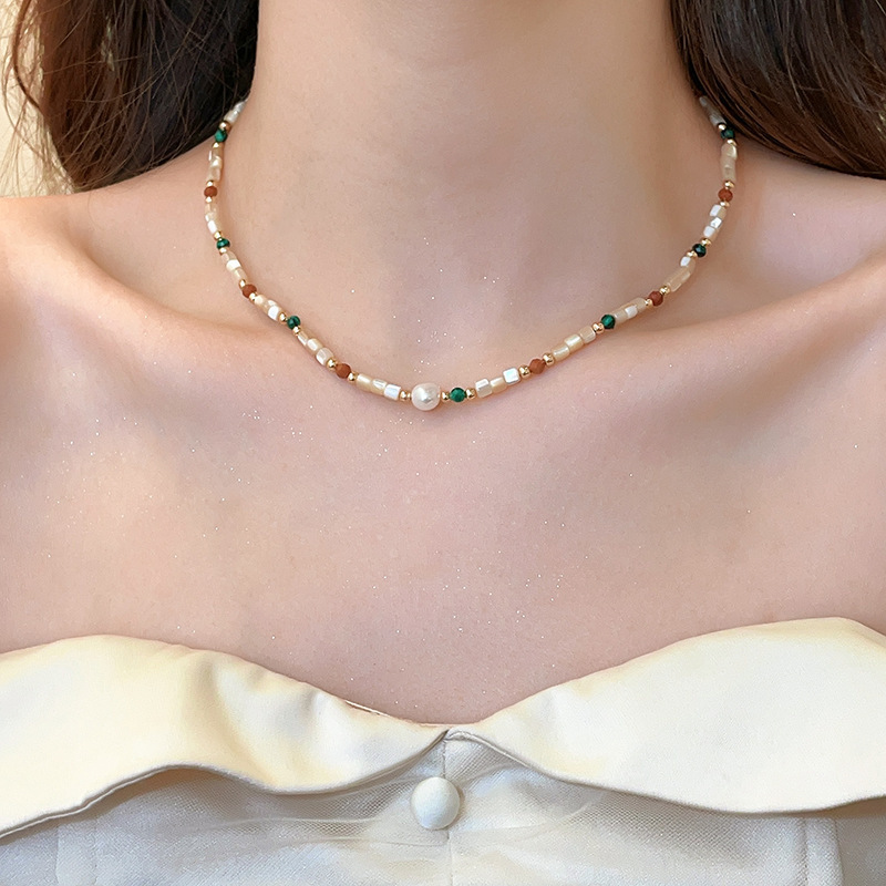Titanium Steel Natural Stone Shell Freshwater Pearl Necklace Women Elegant Luxury Fashion Pendant Clavicle Chain Geometric Pattern