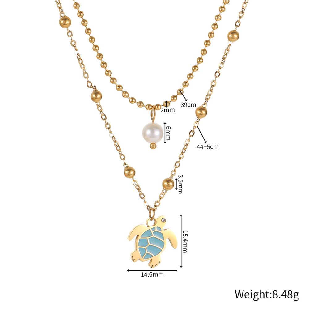 Two-Layer Oregon Drip Oil Cartoon Penguin Pearl Necklace Shell Sea Turtle Fish Ocean Animal Jewelry Accessories Stainless Steel