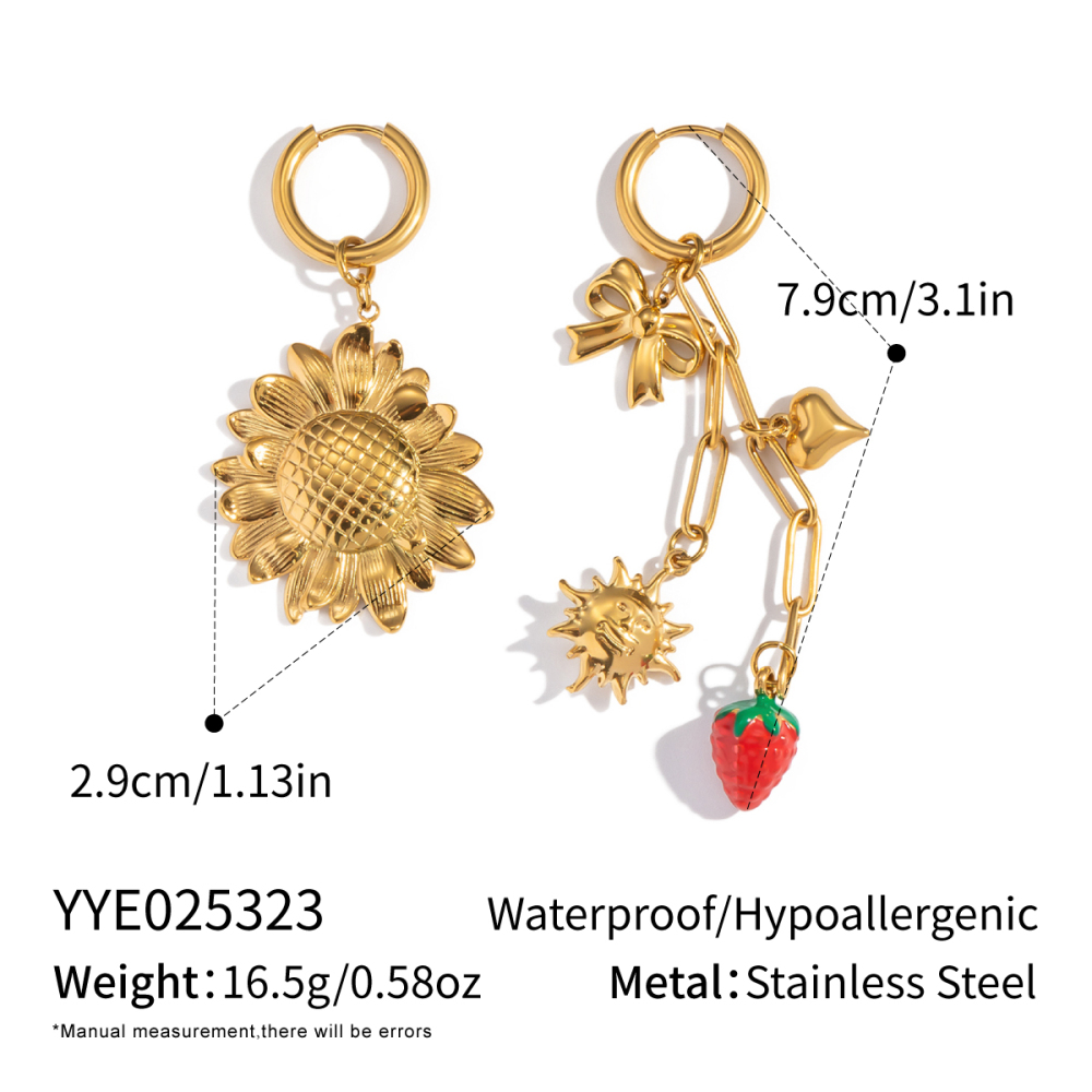 Elegant Gold Plated Sunflower And Strawberry Tassel Earrings And Necklace Set For Girls Romantic And Sweet Jewelry Accessories