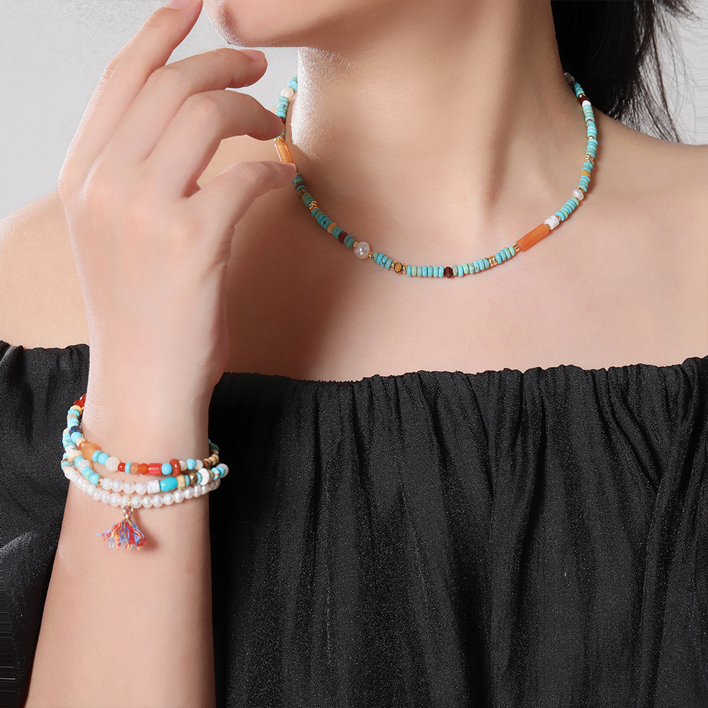 Natural Colorful Turquoise Beaded Necklace Women's Round High-End Minimalist Pearl Set Luxury Sensation Geometric Pattern Design