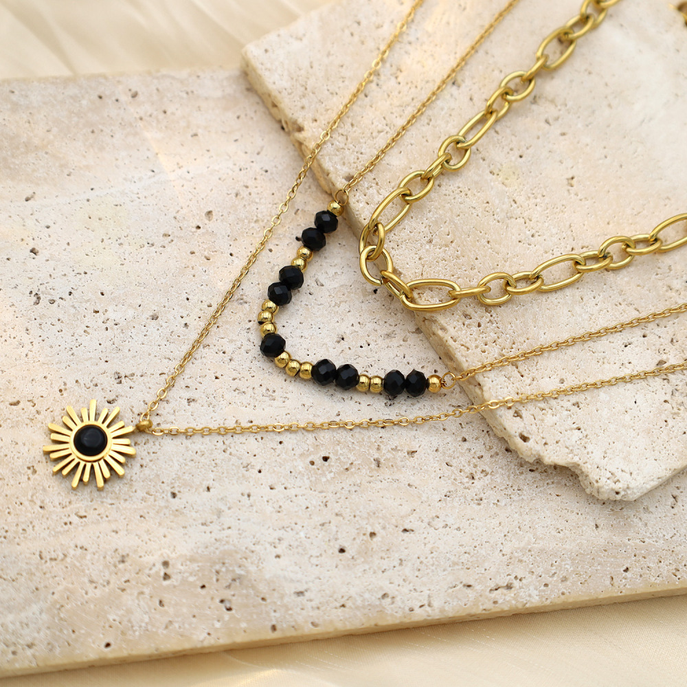 304 Stainless Steel Titanium Gold Black Sunflower Pendant Necklace Three-Layer Bead Collarbone Chain Jewelry Women's Accessories