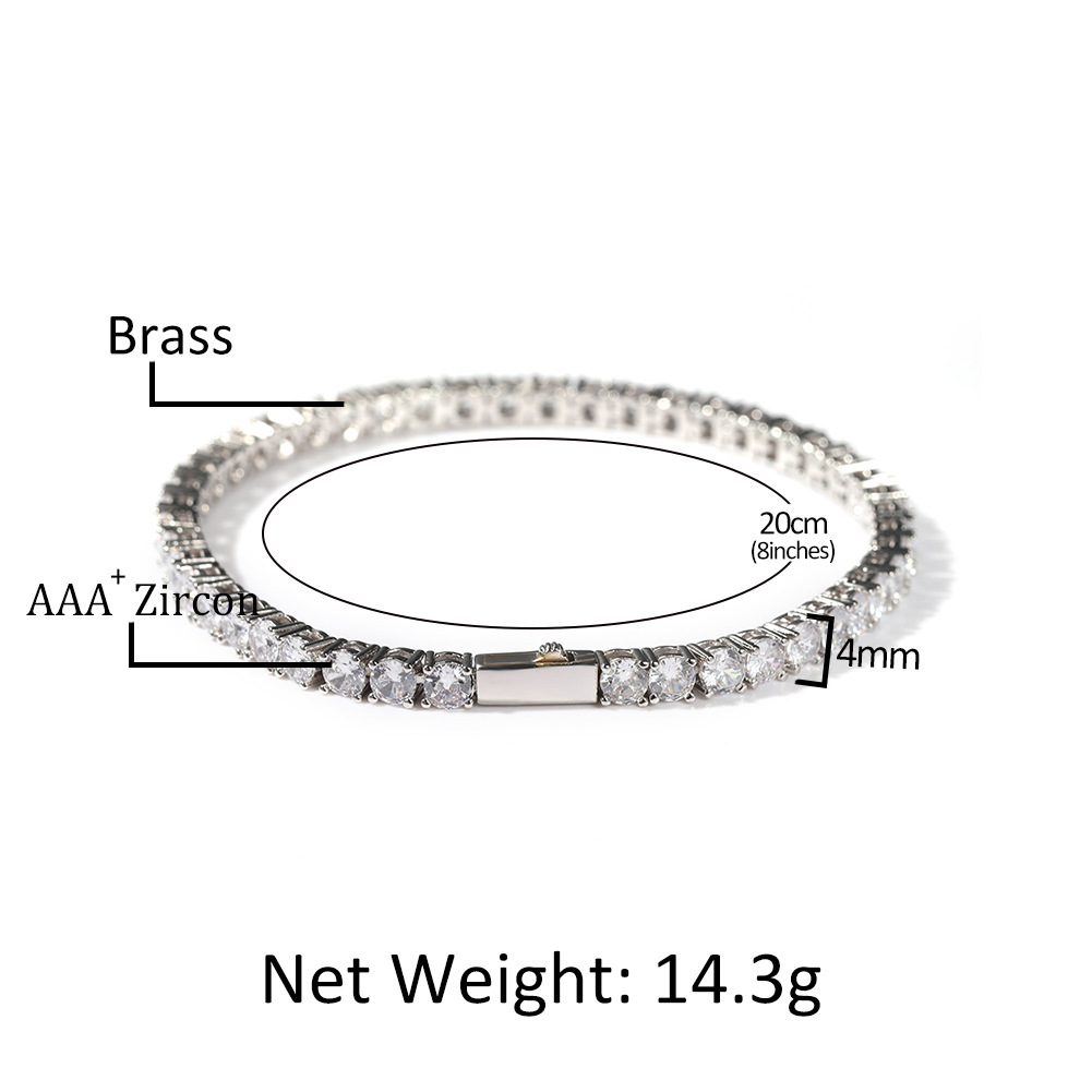 Classic Hip-Hop Single Row Bracelet 4mm Copper Inlaid Zirconia Gold-Plated Geometric Pattern Spring Clasp Fashion Simple Inlaid Diamond Bracelet Unisex