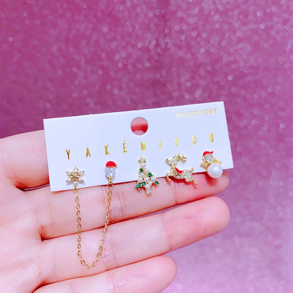 Elegant Christmas Deer Asymmetric Earrings Set 925 Silver Needle Cartoon Studs Women's Jewelry Accessories Christmas Theme