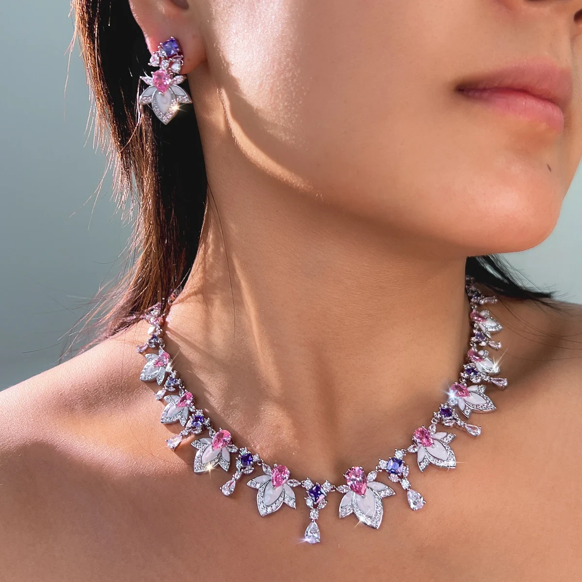 Copper Jewelry Two-Piece Set Luxurious Elegant Colorful Cubic Zirconia Enamel Floral Necklace Earring Set Suitable For Women's Weddings And Parties