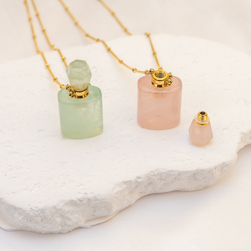 Real Gold Plated Geometric Pattern Natural Stone Pink Crystal 304 Stainless Steel Hollow Perfume Bottle Necklace Simple Design Women's Jewelry Accessories