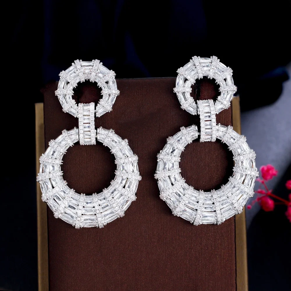 Copper Style Earrings Women Plated White Gold Thick Long Large Round Hoop Dangle Earrings Luxury Zircon Bridal Wedding Jewelry Accessories