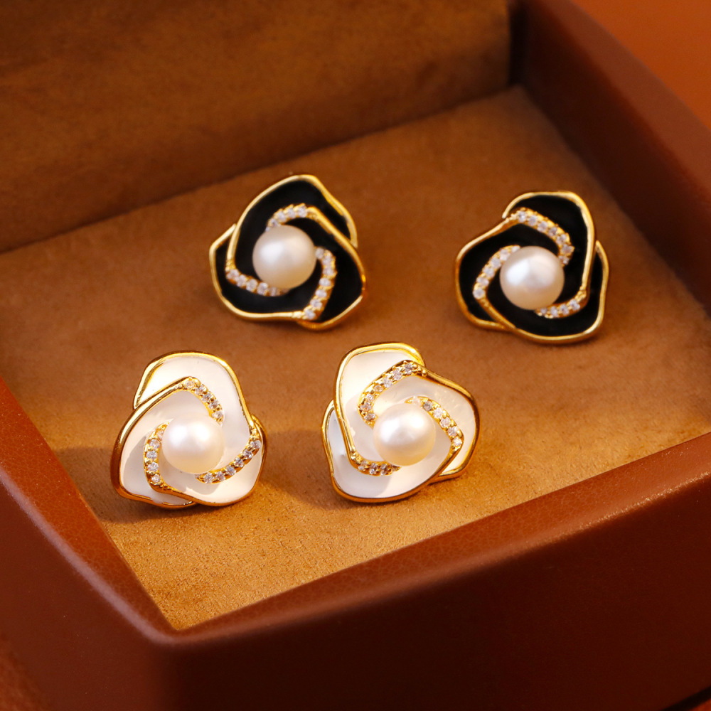 Elegant Pearl Tea Rose Earrings Women's Fashion Commute Delicate Enamel Drip Glaze Studs Trendy Jewelry Accessories