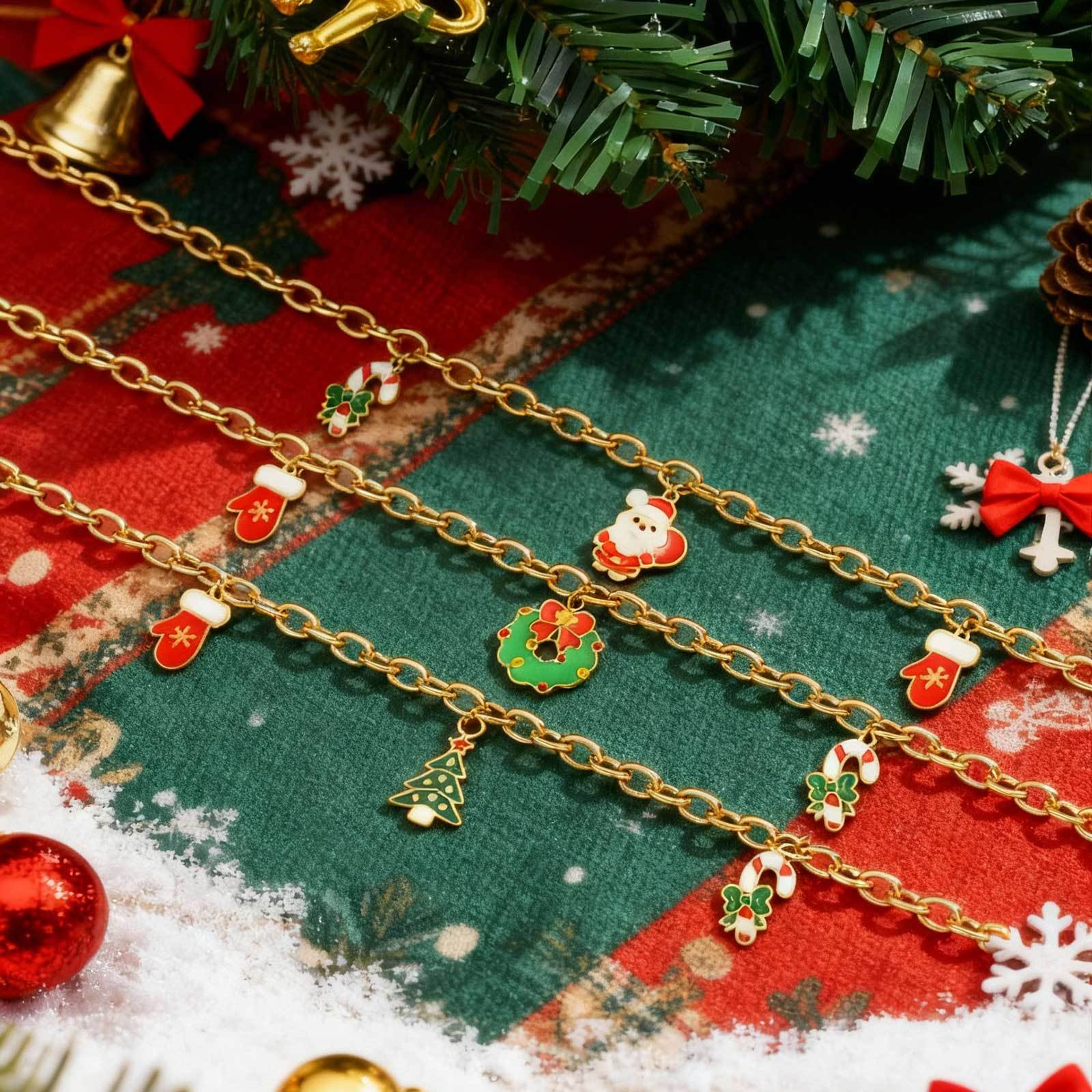 18K Gold Plated 201 Stainless Steel Round Cross Chain Santa Claus Christmas Tree Christmas Stocking Necklace Women's Jewelry Christmas Gift Lobster Clasp