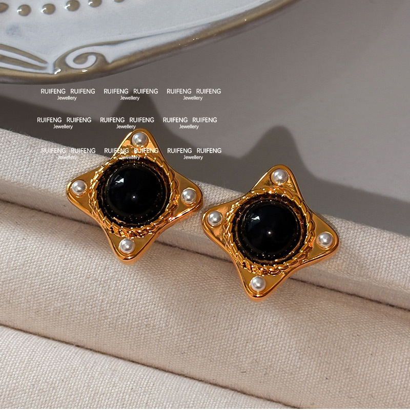 Fashionable Square Black Agate Pearl Stud Earrings Luxury Simple Stylish European Style Women's Jewelry Accessories