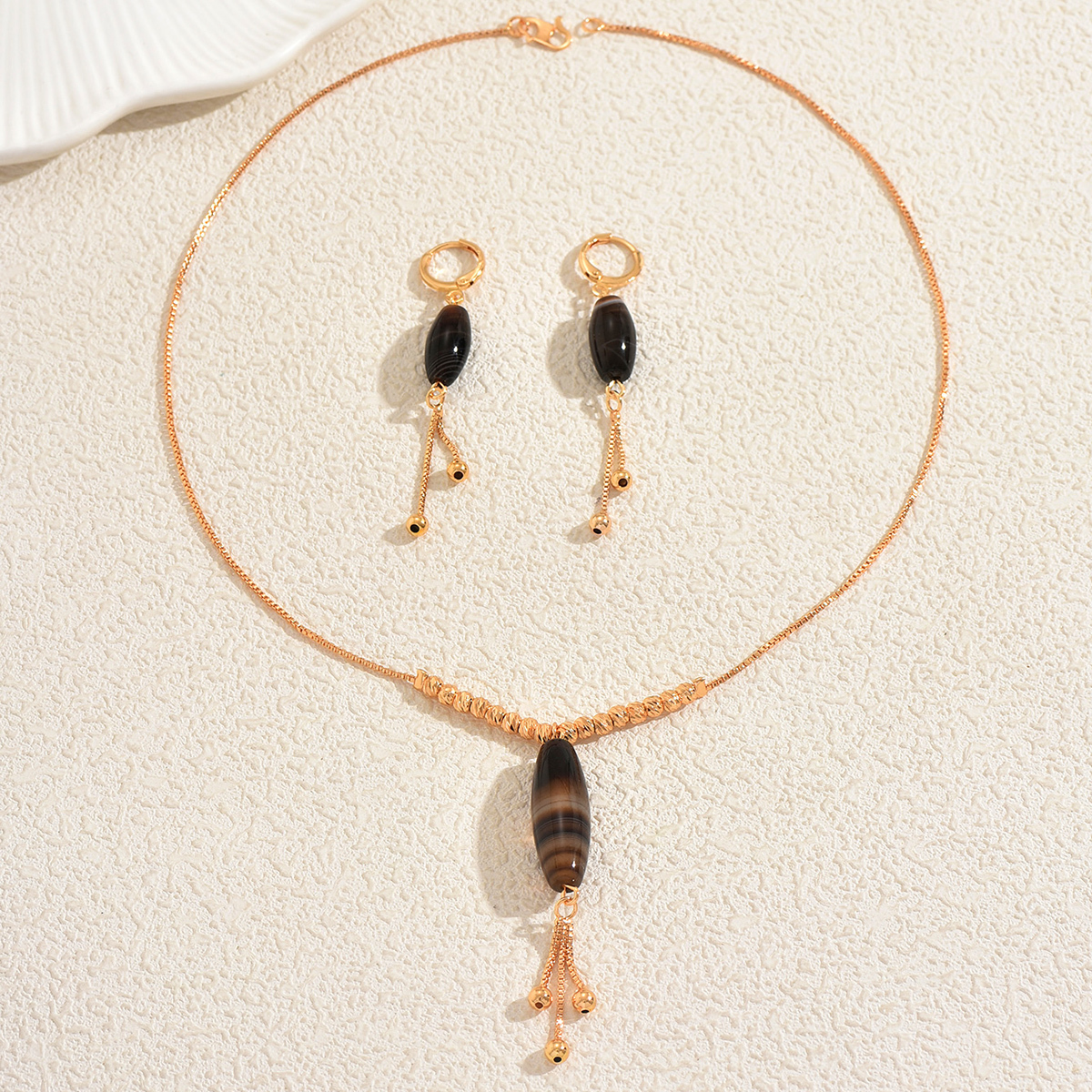 Natural Agate Beaded Necklace Earrings Set Simple Retro Ethnic Style Party Jewelry Accessories Geometric Pattern Tassel
