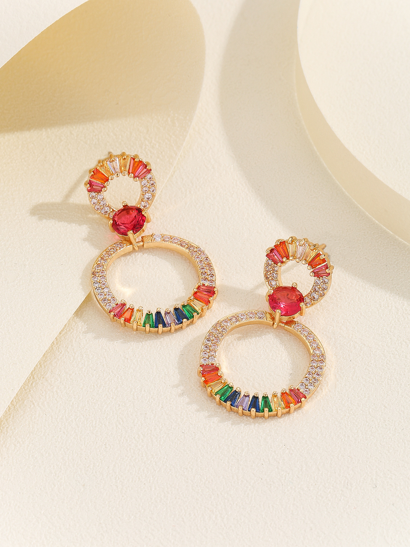 Fashion  Style Earrings Micro Inlaid Colorful Zircon Earrings Super Sparkling Double Hoop Round Personality High-end Temperament Earrings