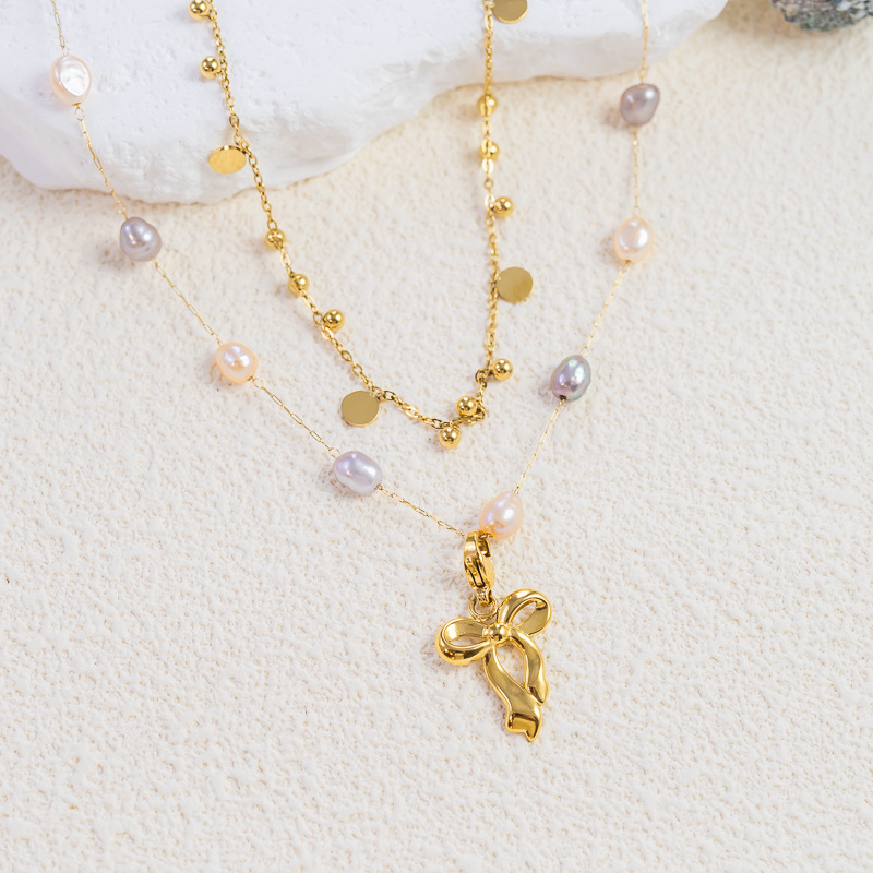 Graceful Natural Pearl Pendant Necklace Princess Bowknot Stackable Multifunctional Titanium Steel 304 Stainless Steel Necklace For Women