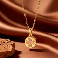 X0845 [Copper Pendant] Pink Diamond Four-Leaf Clover Necklace - Gold