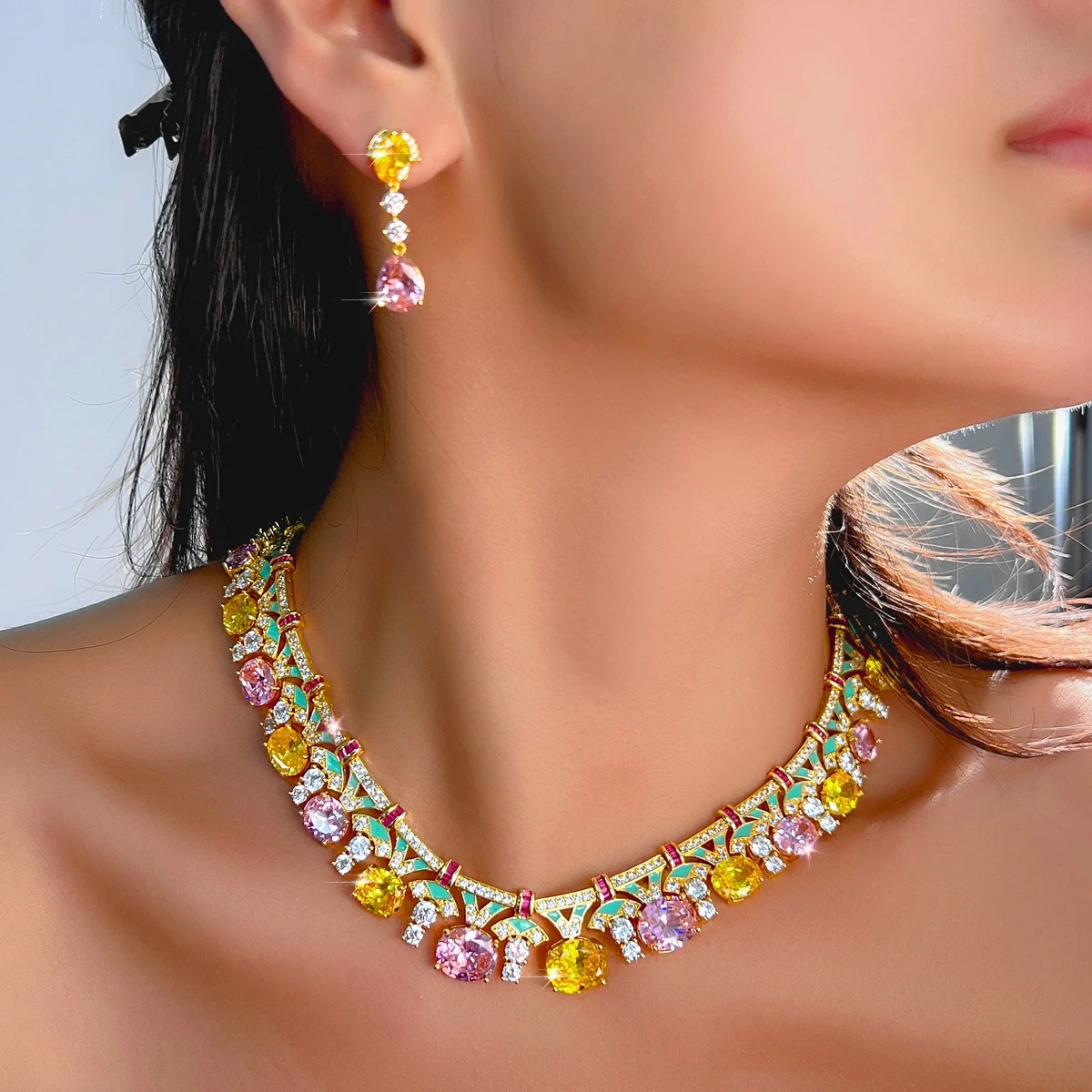 Water Plated White Gold Bohemian Style Colorful Zircon Geometric Flower Copper Jewelry Set Two-Piece Waterproof Non-Fading Safety Buckle Tennis Chain