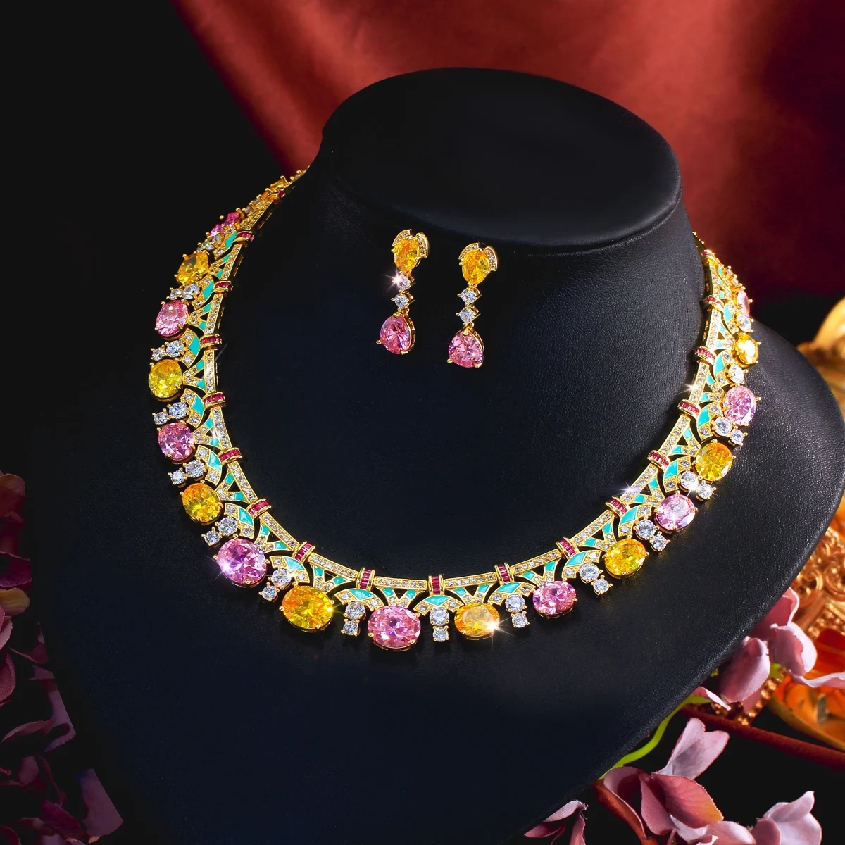 Water Plated White Gold Bohemian Style Colorful Zircon Geometric Flower Copper Jewelry Set Two-Piece Waterproof Non-Fading Safety Buckle Tennis Chain
