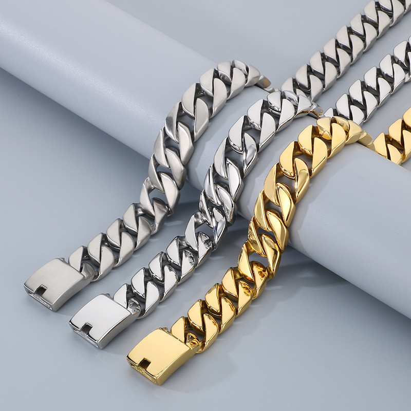 Polished Titanium Steel Bracelet Cuban Chain Necklace Men's High Quality Vacuum Electroplating Jewelry Accessories