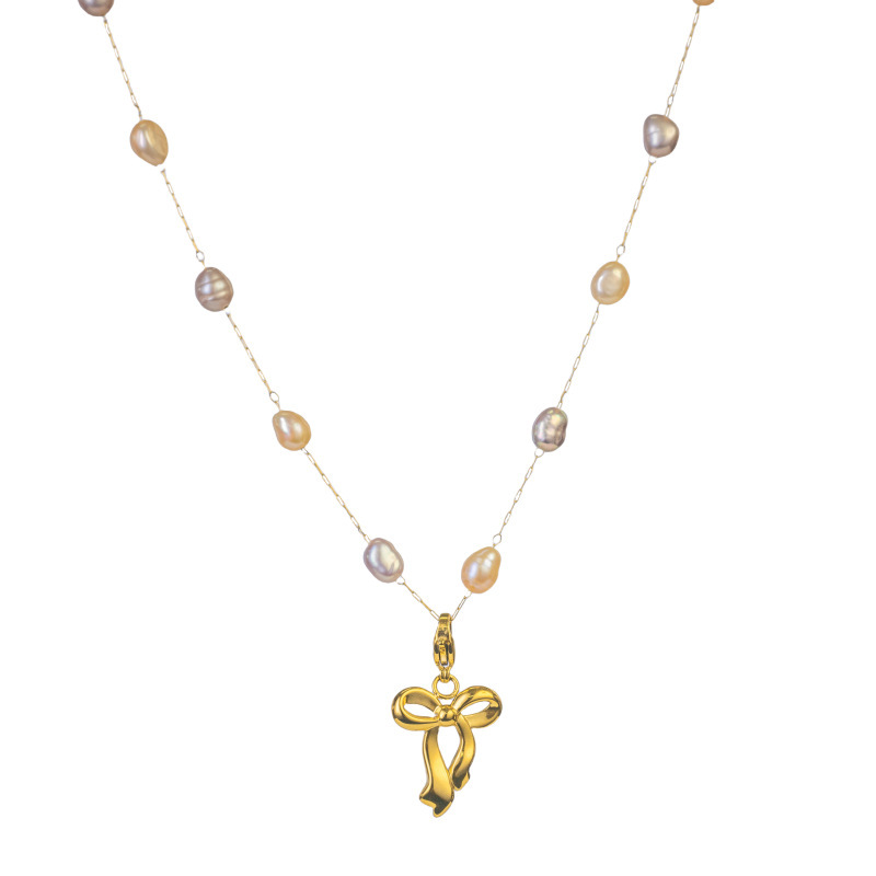 Graceful Natural Pearl Pendant Necklace Princess Bowknot Stackable Multifunctional Titanium Steel 304 Stainless Steel Necklace For Women