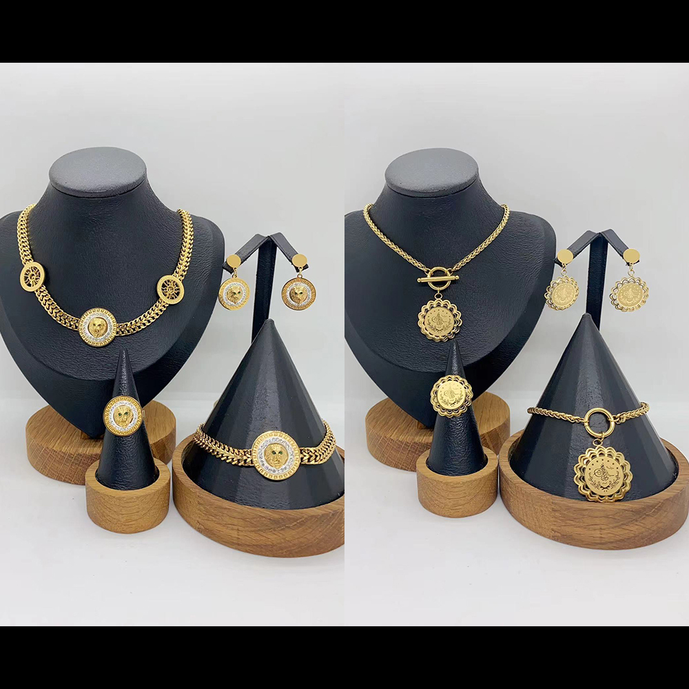 Fashion Trend Ins Style Exaggerated 304 Stainless Steel Simple Round Animal Sun Hollow Pattern Necklace Earrings Ring Bracelet Set