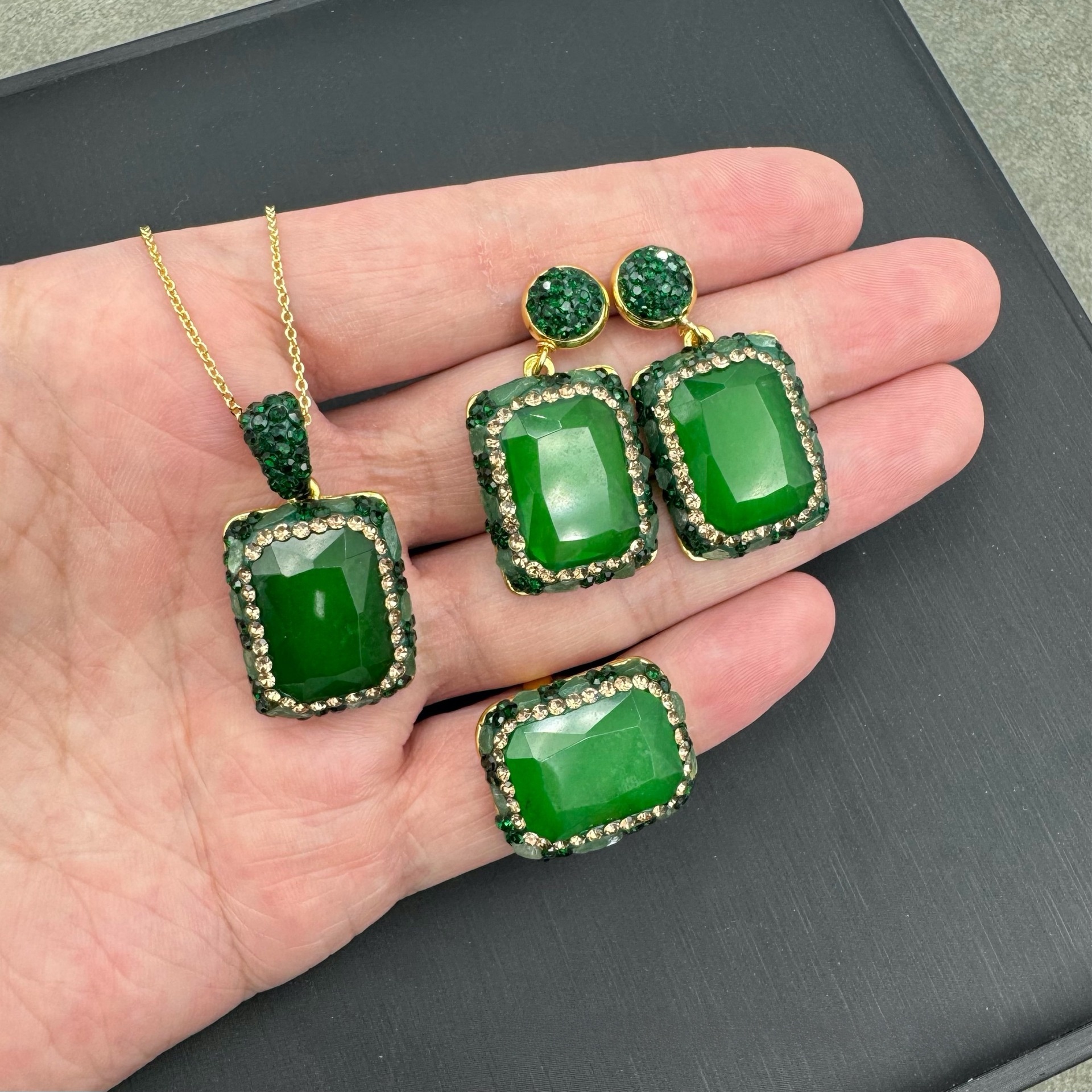 Ethnic Style Classic Style Square Copper Malay Jade Rings Earrings Necklace In Bulk